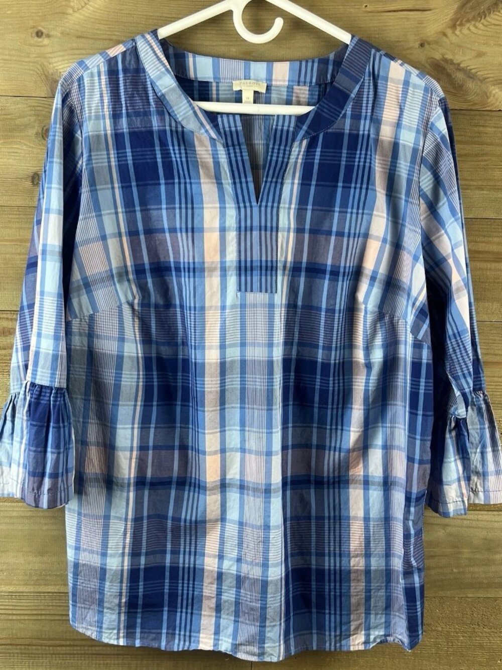 Talbots Womens Shirt 3/4 Sleeve Vneck Plaid Preppy Classic Cotton Lightweight 1X